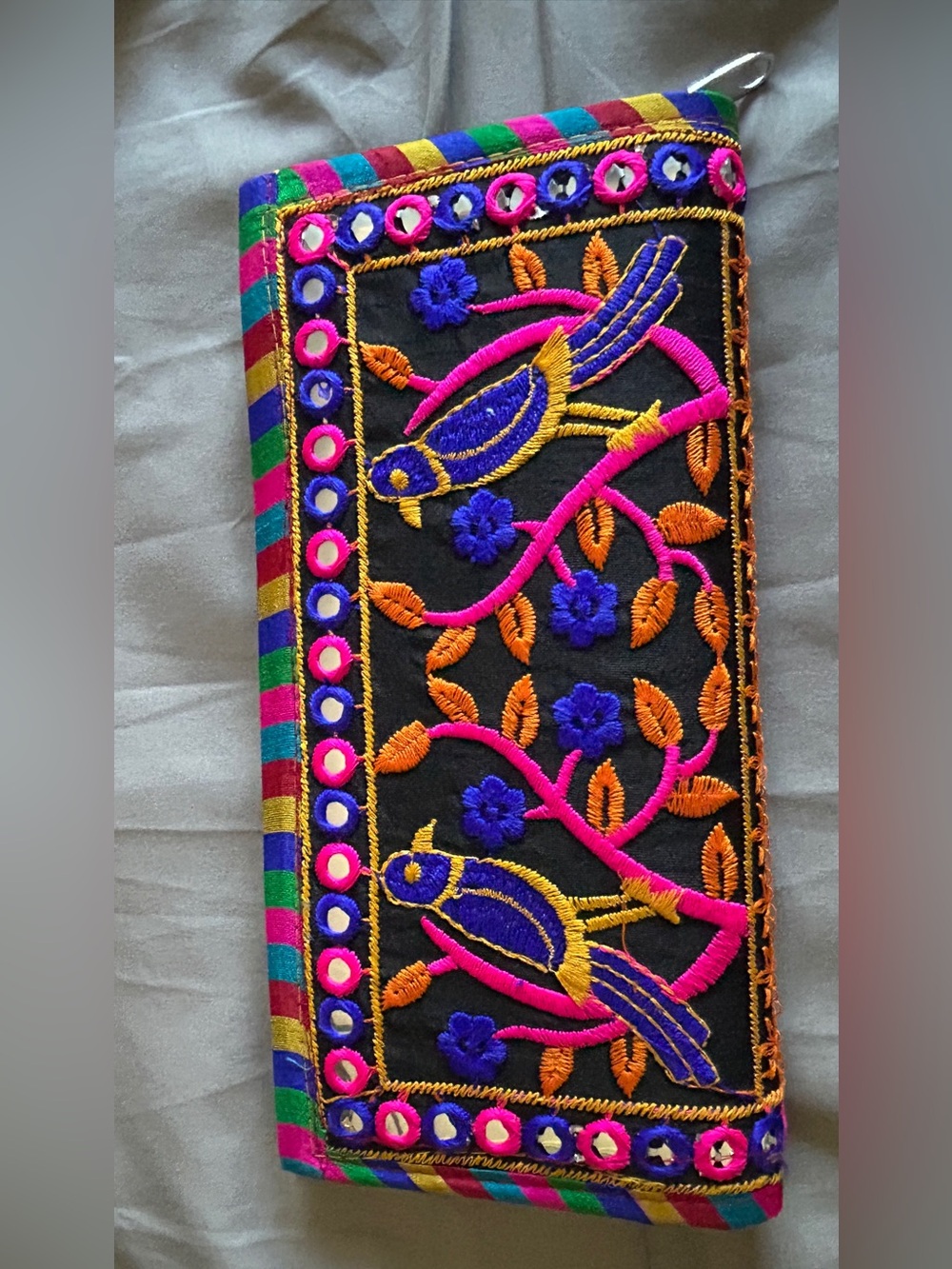 Hand-Embroidered Black Multicolor Bird Wallet - Vibrant Ethnic Clutch